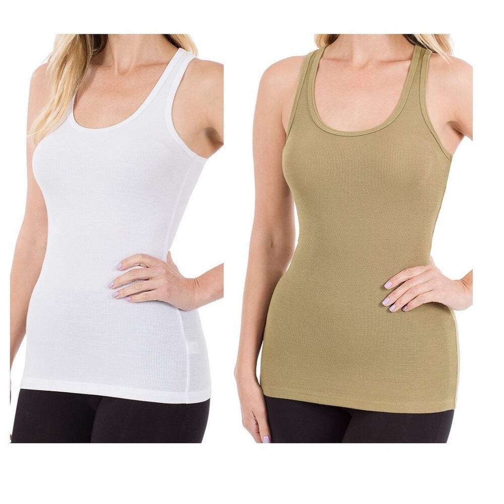 2 Zenana Ribbed Racerback Tank Tops size Medium white & khaki seamless stretch